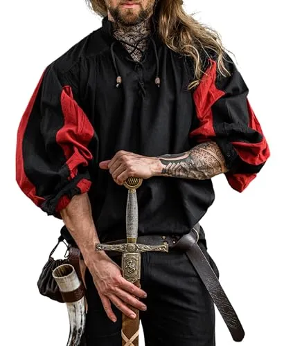 Leonardo Carbone® Landsknechthemd Albert - Mittelalter Kleidung, Mittelalter Hemd Herren, LARP-Kleidung, Festival Outfit Herren, Karneval Kostüm Herren, Freizeithemden Langarm Schwarz/Rot 2XL