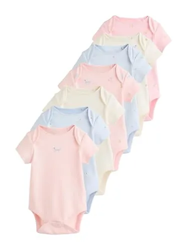NEXT Baby Mädchen Kurzärmelige Babybodys im 7er-Pack Multi Pastel Character 56 - Praktisches 7er-Pack mit bunten Kurzarm-Babybodys für Mädchen. Ideal für den täglichen Gebrauch, weich und bequem für empfindliche Haut.