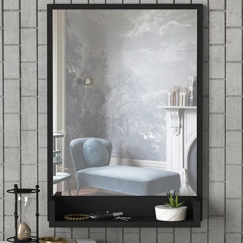 moebel17 Spiegel Costa Schwarz mit Ablage - Eleganter Wandspiegel in Schwarz mit geschliffenen Kanten und praktischer Ablage, ideal für jeden Raum. Inklusive Montagematerial, einfache senkrechte Montage.