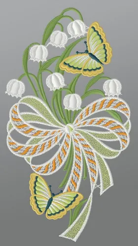 Plauener Spitze® Fensterbild Maiglöckchenstrauß mit Schleife, HxB 31x16cm - Elegantes Fensterbild von Plauener Spitze® für die Frühlingsdeko. Das Maiglöckchen-Design mit charmanten Schmetterlingen und einer auffälligen Schleife setzt frische Akzente in Ihrem Zuhause.