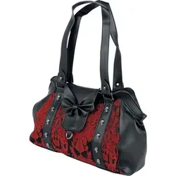 Banned Alternative Handtasche Damen Maplesage Rot/Schwarz - Handtasche mit einem einzigartigen Look, besetzt mit Totenkopf-Nieten und Fledermausflügel-Zierschleife – perfekt für Gothic- und Rockwear-Fans.