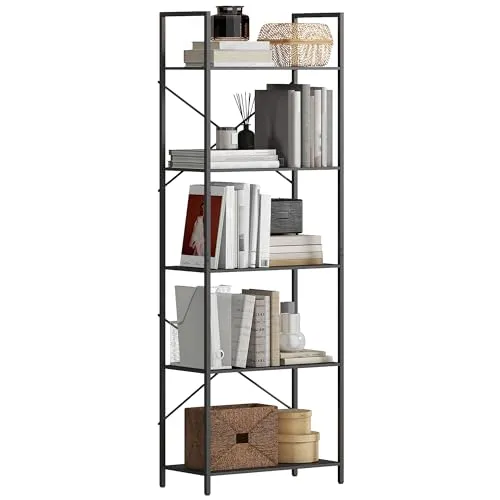 Homcom Bücherregal Schwarz Metall 5 Fächer 170,5 cm - Robustes Bücherregal mit fünf stabilen Fächern und modernem Design. Perfekt für Wohnzimmer oder Homeoffice, bietet es Platz für bis zu 50 kg und sorgt für Ordnung und Stil.