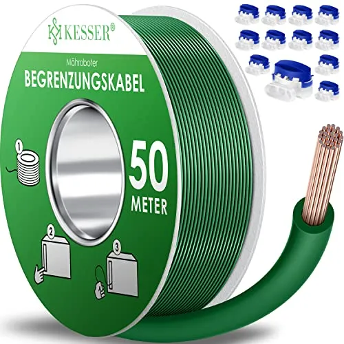 KESSER® Begrenzungskabel 50m + 12 Kabelverbinder für Mähroboter Rasenmäher Rasenroboter Zubehör Set Begrenzungsdraht Universal für Suchkabel kompatibel mit Gardena/Bosch/Worx/Einhell/Honda/ROBOMOW