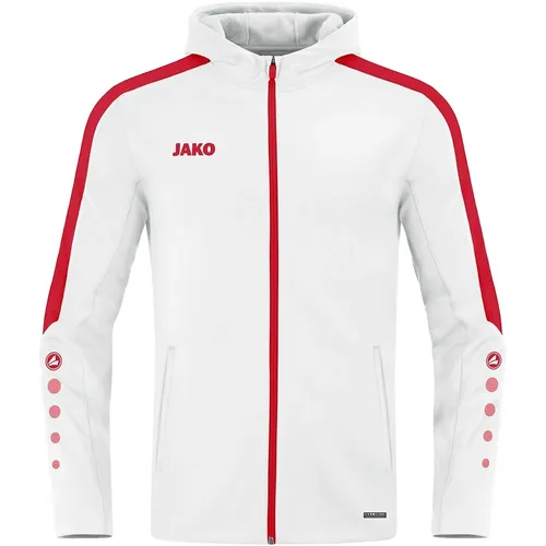 Jako Kapuzenjacke Power weiß/rot S - Funktionsjacke mit hochwertigem Bonded-Polyester-Fleece, ideal für Sport und Freizeit. Bequeme Passform mit praktischen Reißverschlusstaschen und stylischem Wabenstruktur-Design.