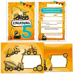 JUNAPACK Einladungskarten Baustelle zum 5. Geburtstag Einladungen mit Umschlägen Karten Jungen, Einladungskarten mit Umschlägen zum fünften Geburtstag Baustelle