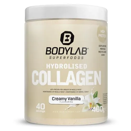Bodylab24 Hydrolised Collagen Vanille 400g - Kollagen-Präparate mit 98% Hydrolysat, ideal zum Einrühren in Kalt- und Heißgetränke, liefert 9,2g Eiweiß pro Tagesdosis und unterstützt den Muskelaufbau.