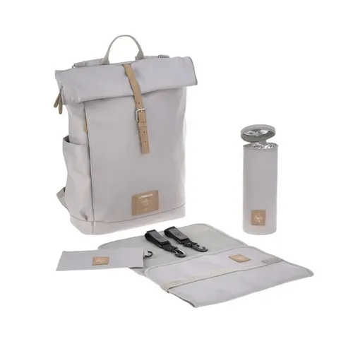 LÄSSIG Wickelrucksack Green Label Rolltop, Grey - Wickeltasche aus PETA-approved veganem Material, teilweise aus recyceltem Polyester; mit isoliertem Flaschenhalter und wasserabweisender Wickelunterlage.