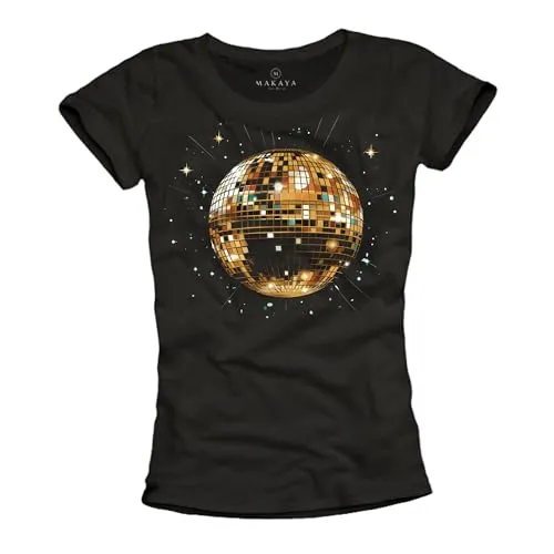 MAKAYA Disco Outfit Party Oberteil Damen Shirt Discokugel Sommer Top Frauen Tshirt Schwarz Größe M