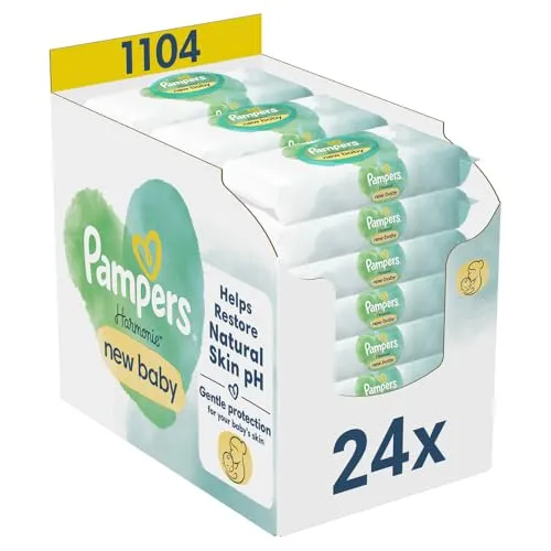 Pampers Harmonie New Baby Feuchttücher - 24 Packungen à 46 Tücher, sanft zur Neugeborenenhaut und pH-hautneutral