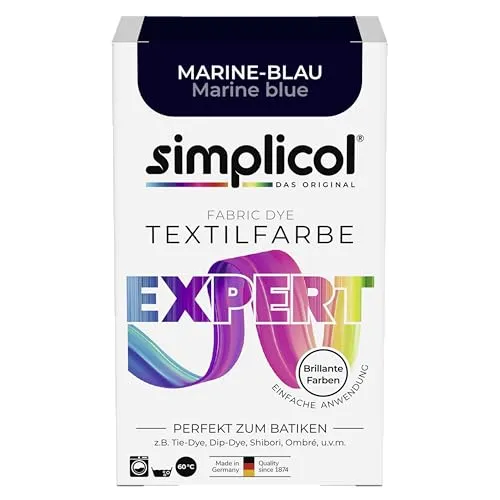 simplicol Textilfarbe expert Marine-Blau 150 g | Intensive Stofffarbe für kreative Upcycling-Projekte - INTENSIVES MARINE-BLAU: Verleih deiner Kleidung neuen Glanz! Die simplicol Textilfarbe Expert sorgt für brillante Farben auf Baumwolle, Wolle und Seide. EINFACHE ANWENDUNG: Ideal für Waschmaschine oder Handfärbung – kreative Ergebnisse ohne Aufwand. VIELSEITIG EINSETZBAR: Perfekt für Batik, Tie-Dye und DIY-Ideen – gestalte einzigartige Lieblingsstücke!