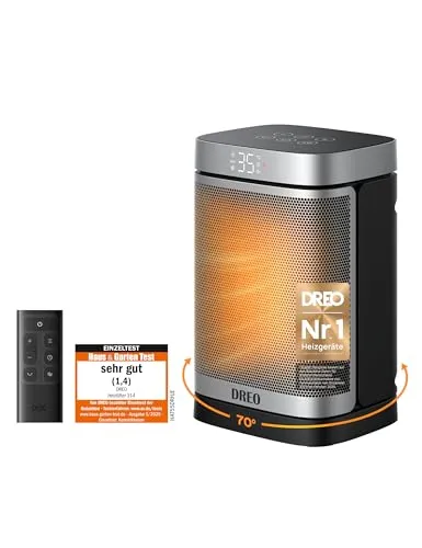 Dreo Heizlüfter Atom One, 1500W Energiesparend & Leise - Elektroheizkörper mit 70° Oszillation und PTC Keramik-Technologie für schnelle Wärme. Der ECO-Modus spart Energie, während der 12-Std-Timer und der leise Betrieb ideal für den Einsatz nachts sind.