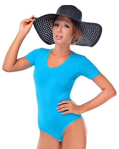 Evoni Damen Body kurzarm l Stringbody aus Baumwolle mit Rundhals l Kurzarmbody für Frauen l Tanga Bodysuit l String Body XL türkis
