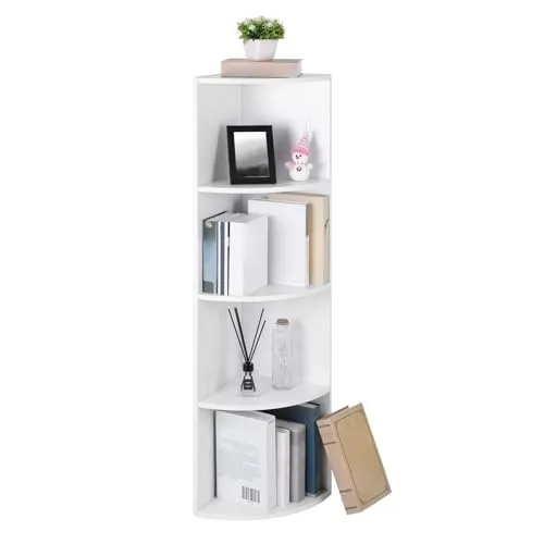 Vasagle Bücherregal LBC42WT - Eckregal aus Holz, weiß - Büroregal mit 4 Fächern, gebogenen Regalbrettern und Kippschutz, ideal für platzsparende Aufbewahrung und stilvolle Raumgestaltung.