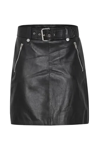 b.young BYDenno Damen Rock Lederrock A-Linien-Rock mit Reißverschlusstaschen Gürtel 100% Schafsleder A-Linie, Größe:36, Farbe:Black (200451)