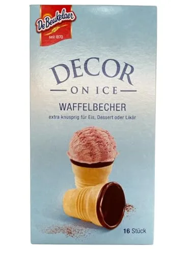 DeBeukelaer Decor On Ice Waffelbecher, 60 g - Zarte Waffelbecher mit Kakaoglasur, ideal zum Befüllen mit Eis, Sorbet oder Joghurt – die perfekte Wahl für ein genussvolles Dessert!
