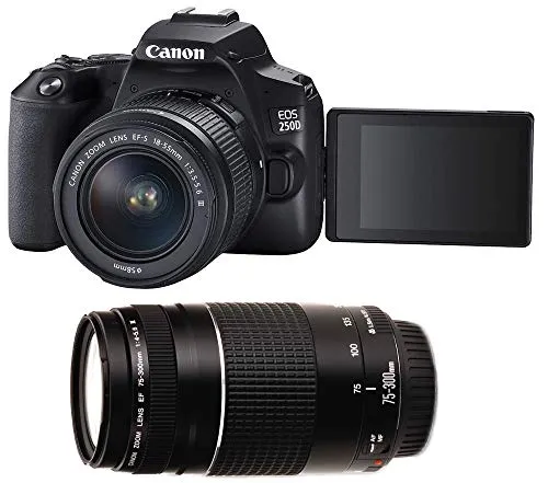 Canon EOS 250D Kit: 18-55mm & 75-300mm - Spiegelreflexkamera mit doppeltem Objektiv-Set für vielseitige Fotografie und kreative Möglichkeiten.