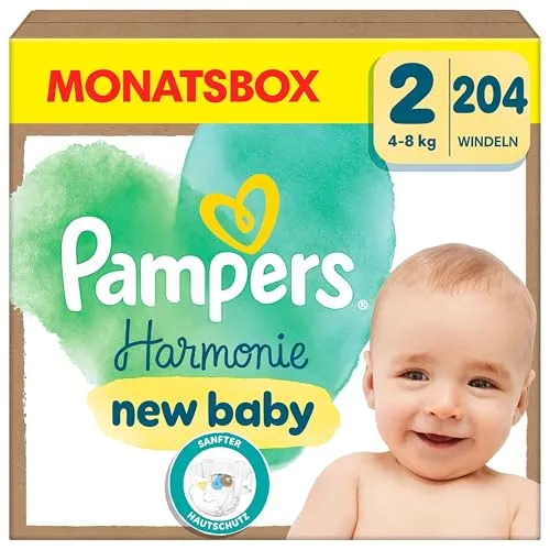 Pampers Baby Windeln Größe 2 (4-8 kg) Harmonie, HALBMONATSBOX - Einwegwindeln für sanften Hautschutz, ideal für Babys von 4-8 kg, mit besonders weichem Material für höchsten Komfort.