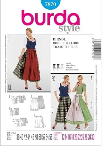 Burda style Schnittmuster #7870 Damen langes Dirndl mit Bluse und Schürze Gr. 38-56