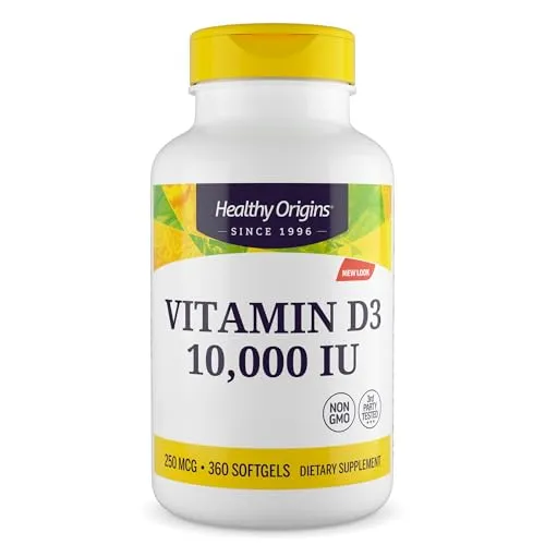 Healthy Origins, Vitamin D3, 360 glutenfreie Softgels, 10.000IU Vitamin D3 je Dosis, Sojafrei, GMO frei, Geschmacksneutral