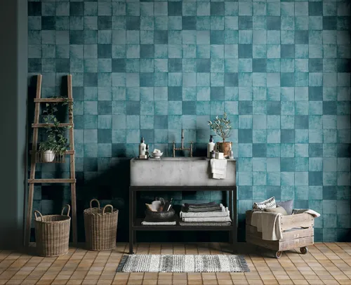 Fototapete MARBURG "Tile", blau (kadettenblau), B:0,53m L:10,05m, Vlies, Tapeten, moderne Tapete für Wohnzimmer Schlafzimmer Küche