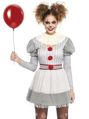 Leg Avenue Kostüm Clown Penny - Gruseliges Kostüm für Fasching und Halloween in Grau XL - Kostüme für Erwachsene, zweiteiliges Clown Kostüm mit Kleid und Halskrause, perfekt für schaurige Auftritte und unvergessliche Partys.