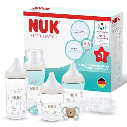 NUK Perfect Match Perfect Start Babyflaschen-Set 8-teilig - Ideales Baby-Pflegeset mit 4 Anti-Kolik-Flaschen und kiefergerechten Schnullern. Das innovative Design fördert ein naturnahes Trinken und sorgt für weniger Luftblasen – perfekt für glückliche, entspannte Mahlzeiten.