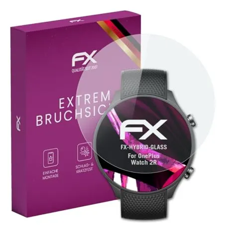 atFoliX Glasfolie kompatibel mit OnePlus Watch 2R Panzerfolie, 9H Hybrid-Glass FX Schutzpanzer Folie