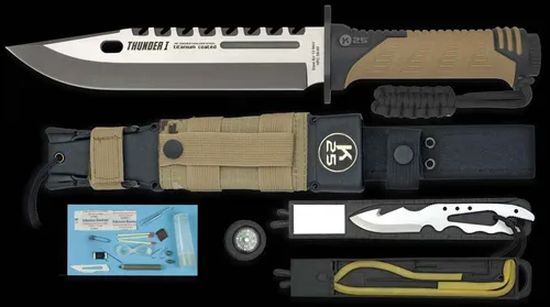 K25 THUNDER I Gürtelmesser - Coyote TAN - Taschenmesser mit Glattschliffklinge und rutschfestem SFL Green Rubber Griff für optimale Handhabung beim Bushcrafting.