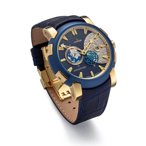 Kronsegler Automatikuhr Mars Exlorer Herrenuhr Automatik mit Saphirglas, Lederband, limitierte Edition, gold-blau/blau