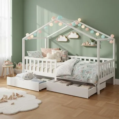 Bellabino Bia Kinderbett 80x160 cm – Montessori Hausbett mit Rausfallschutz und Stauraum - Kleinkindbett aus massivem Kiefernholz mit sicherem Rausfallschutz und zwei geräumigen Schubladen für mehr Ordnung – ideal für die Selbstständigkeit Ihres Kindes.