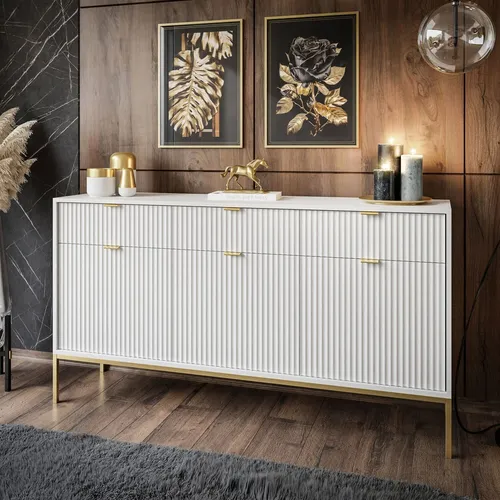 CORTADO GOLD Kommode KSZ154 – Elegante 154 cm Schubladenkommode in Weiß - Moderne Kommode mit dekorativer Riffelung und goldenem Gestell, ideal für stilvolle Wohnräume. Maße: 154x83x39 cm, robust und elegant.