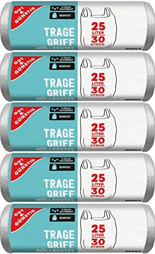 Gut & Günstig 150 Müllbeutel/Mülltüten mit Tragegriff, 25 Liter, 30 Stück pro Rolle, Reißfest & Flüssigkeitsdicht, Produkt & Verpackung recyclebar