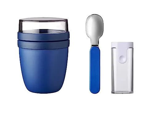 Mepal - Klapplöffel Set mit Lunchpot Mini Ellipse - Praktischer Joghurtbecher & Müslibecher - Unterteilung für Joghurt & Müsli - Geeignet für Gefrierschrank, Mikrowelle & Spülmaschine - Vivid Blue