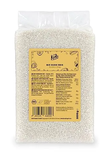 KoRo Bio Sushi Reis 5 kg - Premium Rundkornreis aus Italien - Reis: 100% biologisch, ohne Zusatzstoffe. Ideal für Sushi und Poké Bowls, perfekt als Beilage zu Gemüse, Salaten oder Fleisch. Greif zu und profitiere von unserem Vorteilspack!