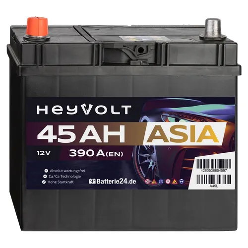HeyVolt 45Ah Starterbatterie ASIA A45L 12V 390A PKW - Leistungsstarke Starterbatterie mit 390A Kaltstartstrom, ideal für PKW. Einbaufertig und startbereit, sorgt für zuverlässige Starts auch bei niedrigen Temperaturen.