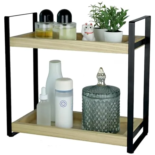 alma home Standregal Badezimmer Organizer - Badregal ohne Bohren 2-Ebenen aus Holz und Metall schwarz als Regal für Bad Aufbewahrung, Kosmetik oder Holzregal für Schminktisch