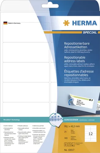 Herma 10017 repositionierbar Adressetiketten 9.91x4.23 cm (25 Blatt (300 Etiketten))