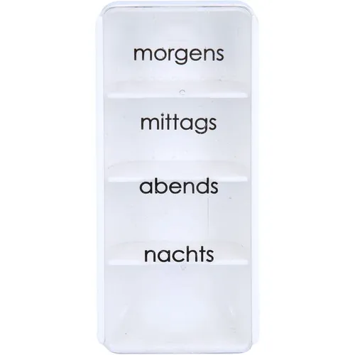 TABLETTENDOSE mit 4 Fächern für morgens, mittags, abends und nachts - Praktische TABLETTENDOSE mit 4 Fächern zur einfachen Organisation Ihrer Medikamente. Ideal für die tägliche Einnahme und für unterwegs geeignet. Kompakt und benutzerfreundlich in der Anwendung! 1 Stk. erhältlich in der Kategorie Pillendosen.