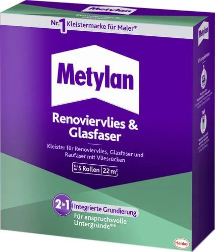 Metylan Renoviervlies & Glasfaser Tapetenkleister 500g - Der Metylan Tapetenkleister bietet eine integrierte Grundierung für optimalen Halt. Ideal für Renoviervlies und Vliestapeten, ist er feuchtigkeitsbeständig und reicht für bis zu 5 Rollen. Perfekt für alle Räume!