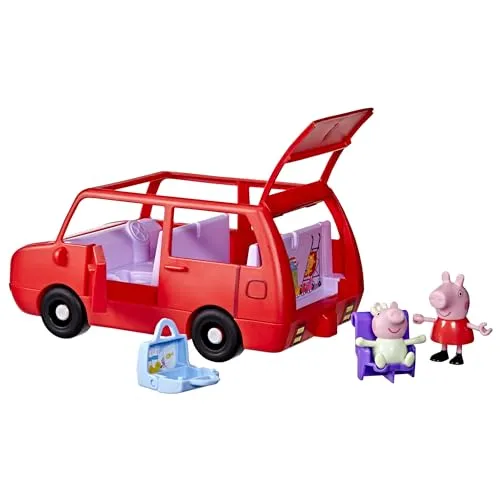PEP Peppas großes Familienauto - Spielfiguren-Set mit Peppa Pig und Evie. Das Auto bietet Platz für bis zu 5 Figuren und hat funktionale Türen, Kofferraum und ein offenes Verdeck für kreatives Spielen.