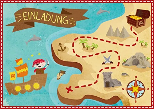 Oblique Unique® 6 Einladungskarten zum Kindergeburtstag Pirat // Geburtstagseinladungen Jungen Mädchen Kinder Einladungen Schatzkarte Schatzsuche Piratenparty Geburtstag Karten Set