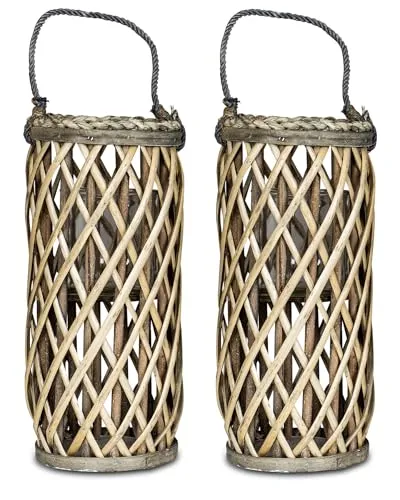 Levandeo 2er Set Laterne Windlicht - Holz und Weiden-Design - Laternen-Set für Garten und Deko mit natürlichen Materialien, ideal für stimmungsvolle Beleuchtung und gemütliche Atmosphäre.