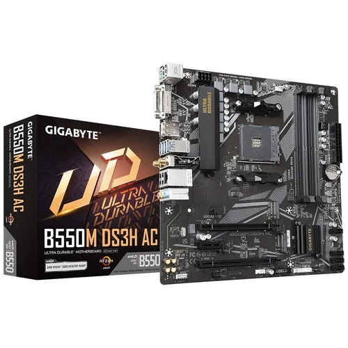 GIGABYTE B550M DS3H AC - mATX Motherboard für AMD Ryzen 3, PCIe 4.0, duale M.2-Anschlüsse und integriertes WLAN für leistungsstarke PCs
