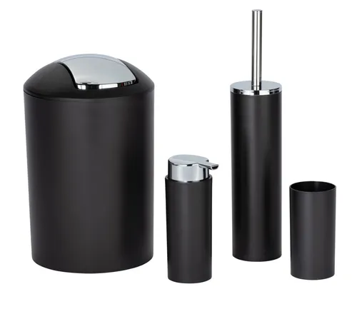 WENKO Badezimmer Zubehör Set Calvo 4-teilig - Badausstattung Set mit Seifenspender, Zahnputzbecher, Toilettenbürste und Kosmetikeimer in elegantem Schwarz mit Chromakzenten – ideal für ein modernes Badezimmer.