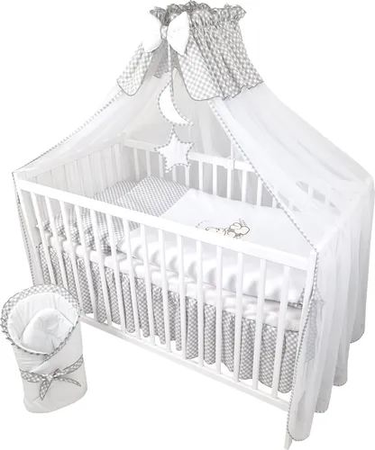Teiliges Babybett Kinderbett Gitterbett Set mit Matratze 13-teilig - Bettsets für Neugeborene: Hochwertiges 13-teiliges Set mit Massivholz-Bett und Matratze, inklusive kuscheliger Bettwäsche und Betthimmel für optimalen Komfort und Sicherheit.