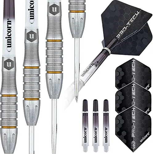 Unicorn Dartpfeile Set | Pro-Tech Style 5 | 90% natürliche Wolfram Barrels mit goldenen Akzenten & Volute Points | Stahlspitze | 25g
