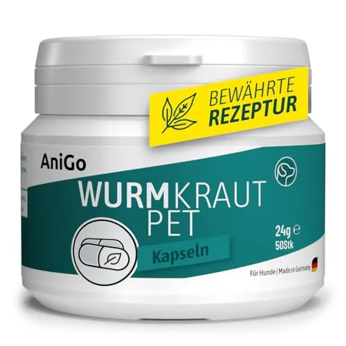 AniGo Wurmkraut PET Kapseln 50 Stück – Ergänzungsfutter für Hunde - Ergänzungsfutter mit echtem Wurmkraut für Hunde aller Rassen. Entwickelt von Experten, unterstützt es die Verdauungsfunktion und lässt sich einfach füttern.