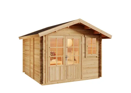 Alpholz Gartenhaus Palermo, 331x331 cm - Naturbelassen - Gartenhäuser aus nordischer Fichte mit 28 mm Wandstärke, ideal als gemütlicher Rückzugsort im Garten. Inklusive feststehendem Fenster und Halbglas-Tür für optimale Lichtverhältnisse.