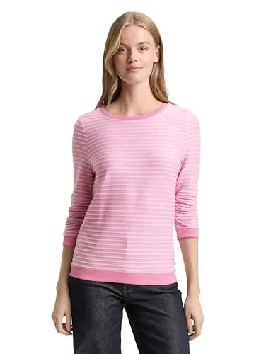 TOM TAILOR Denim Damen Sweatshirt - Stylisches Sweatshirt mit gestreiftem Design und 3/4-Ärmeln. Ideal für entspannte Tage oder als modisches Layering-Element. Aus pflegeleichter Polyester-Viskose-Mischung für hohen Tragekomfort.