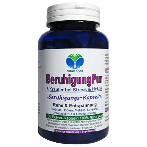 BERUHIGUNG Pur 180 Kapseln - Pflanzliches Beruhigungsmittel mit 6 Kräutern - Pflanzliches Ergänzungsmittel mit Baldrian, Hopfen, Melisse, Lavendel, Johanniskraut und Passionsblume. Unterstützt innere Ruhe und Entspannung, 100% natürliche Rohkostqualität ohne Zusatzstoffe.